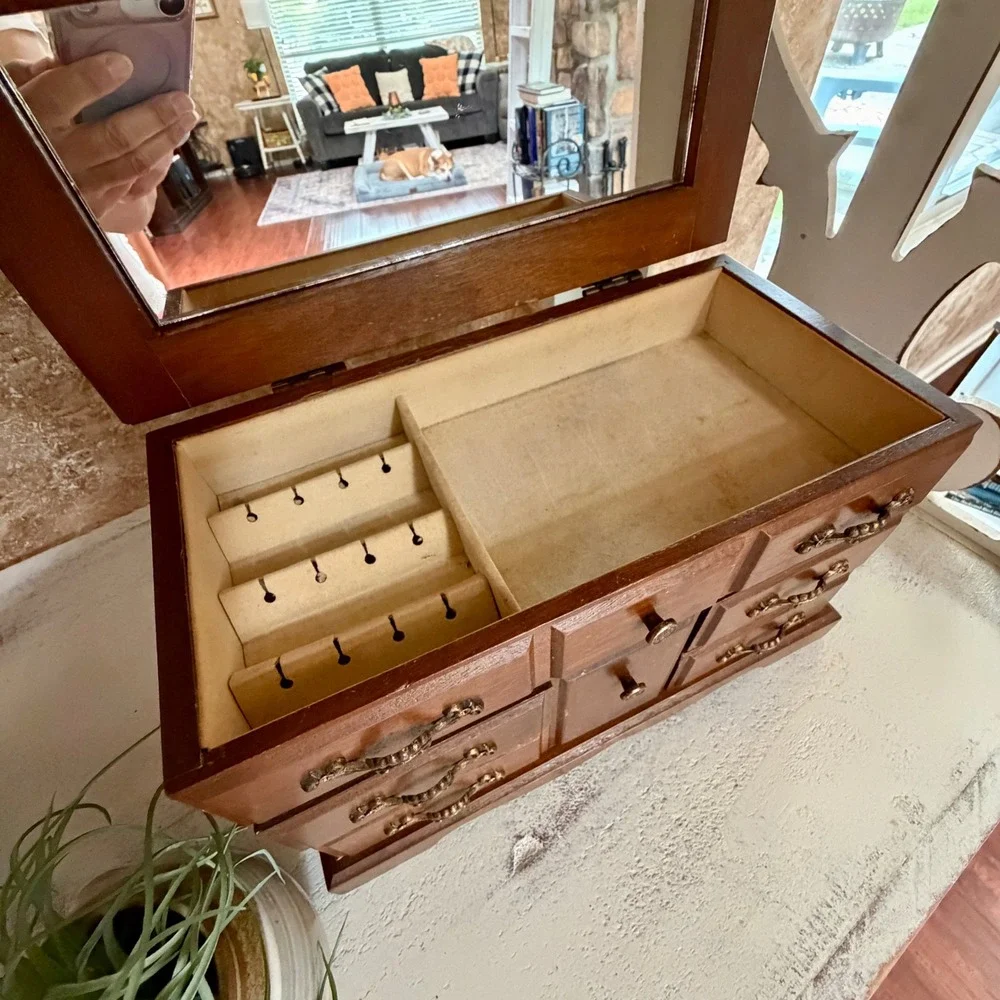 Vintage Wooden Jewelry Box Miniature Dresser Chest Mirror Ring Drawer Organizer